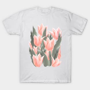 Stylish Peach Tulips Flowers Watercolor Illustration, coral pink color background T-Shirt